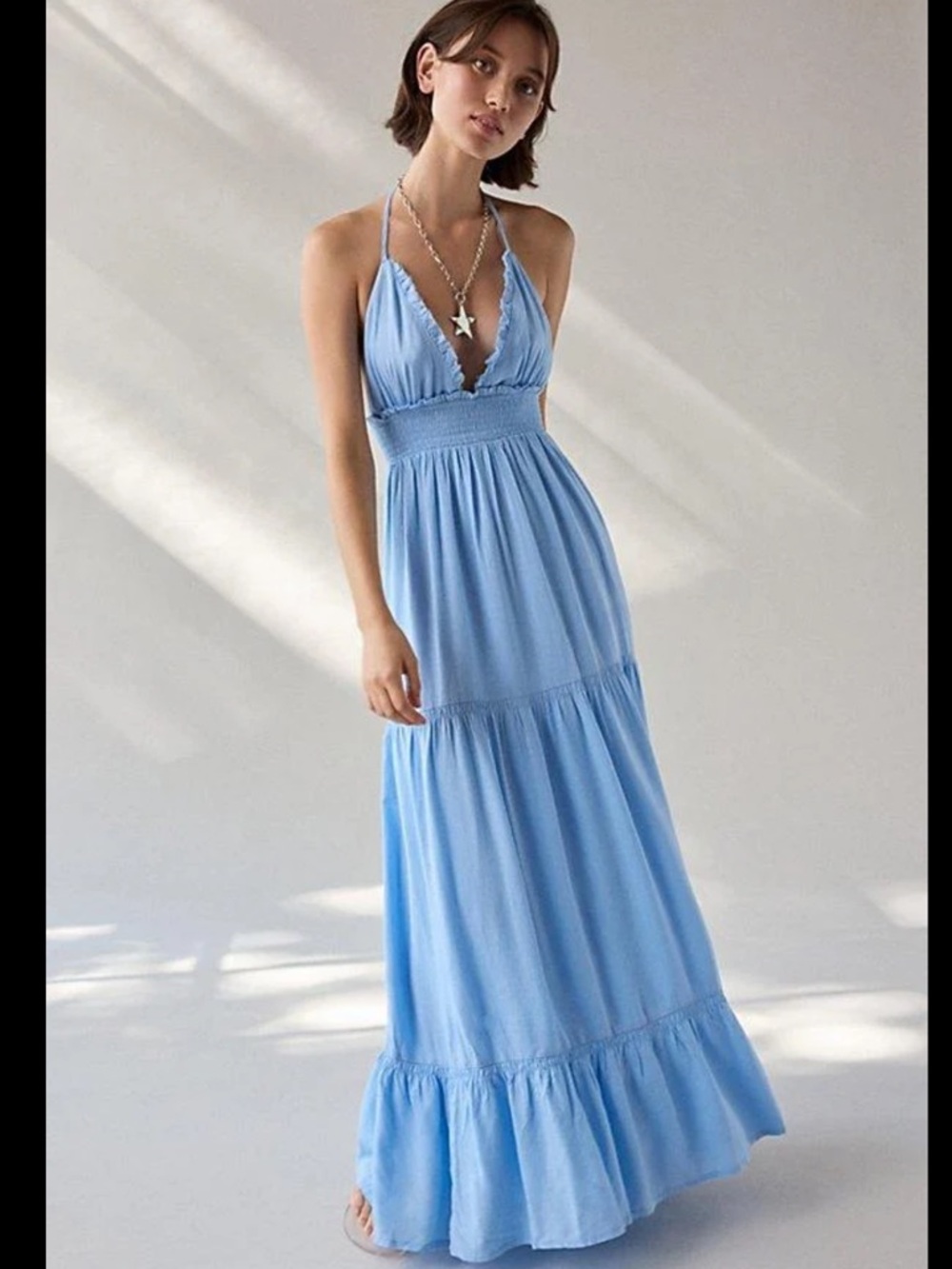 New Kimchi Blue Phoebe Open Back Halter Tiered Maxi Dress